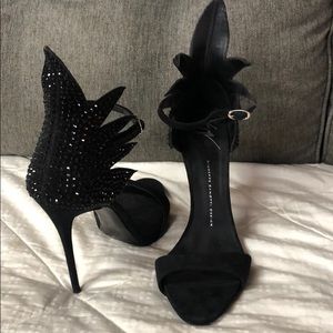 GIUSEPPE ZANOTTI BLK RHINESTONE ANKLE WRAP SANDALS